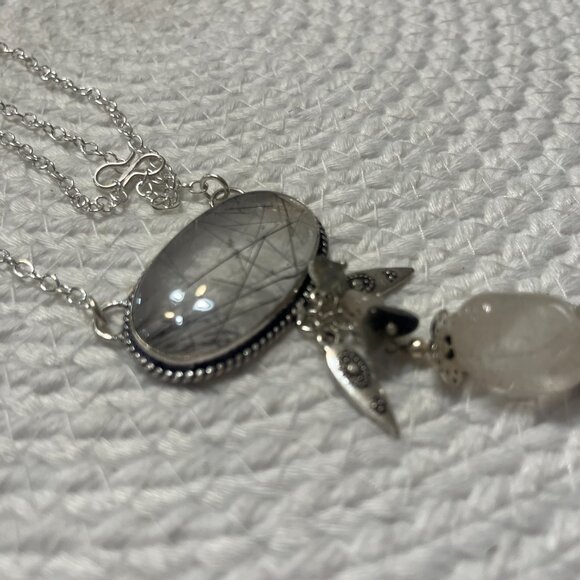 Captivating TOURMALINE & WHITE QUARTZ Handmade Sterling 925 Pendant Necklace - Picture 3 of 3